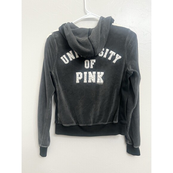 Victoria’s Secret Black Hoodie Medium Velour Jacket Vintage Y2K University Pink - Picture 2 of 5